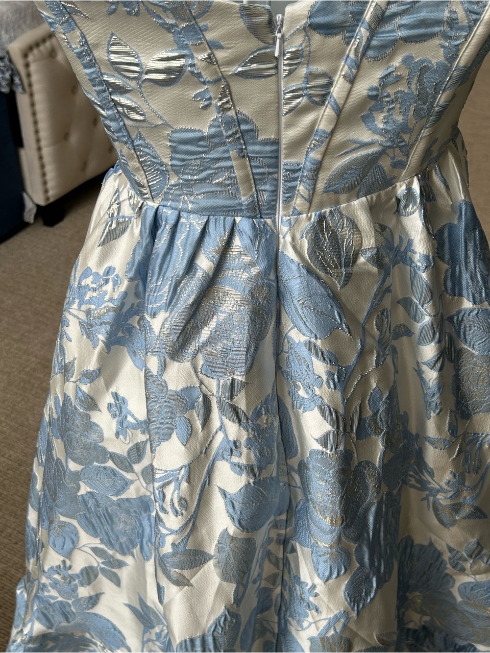 Women’s Blue Floral Strapless Gown Blue, white and silver size small - Picture 7 of 9